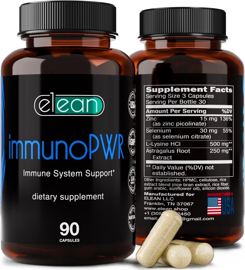 ELEAN Immuno PWR - 富含锌、硒、氨基酸莱辛和Astragalus根提取物,用于Collagen合成、甲状腺体健康、矿物支持、能源和Immune健康 90 Veg Capsules。