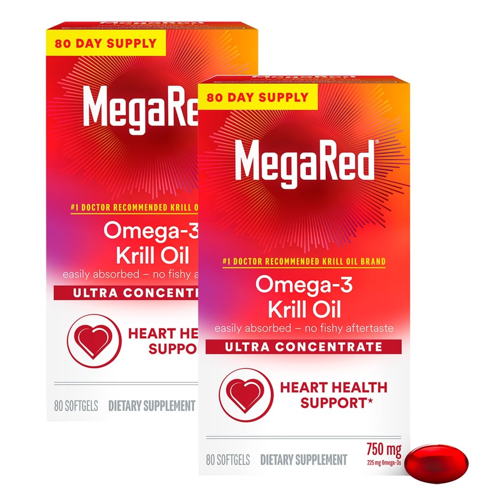 MegaRed Ultra 集中750mg Omega-3 Krill油脂肪酸补充剂,配有环保局/DHA、抗氧化剂Astaxanthin、无鱼油后味支持心脏健康、80个软胶(2包)