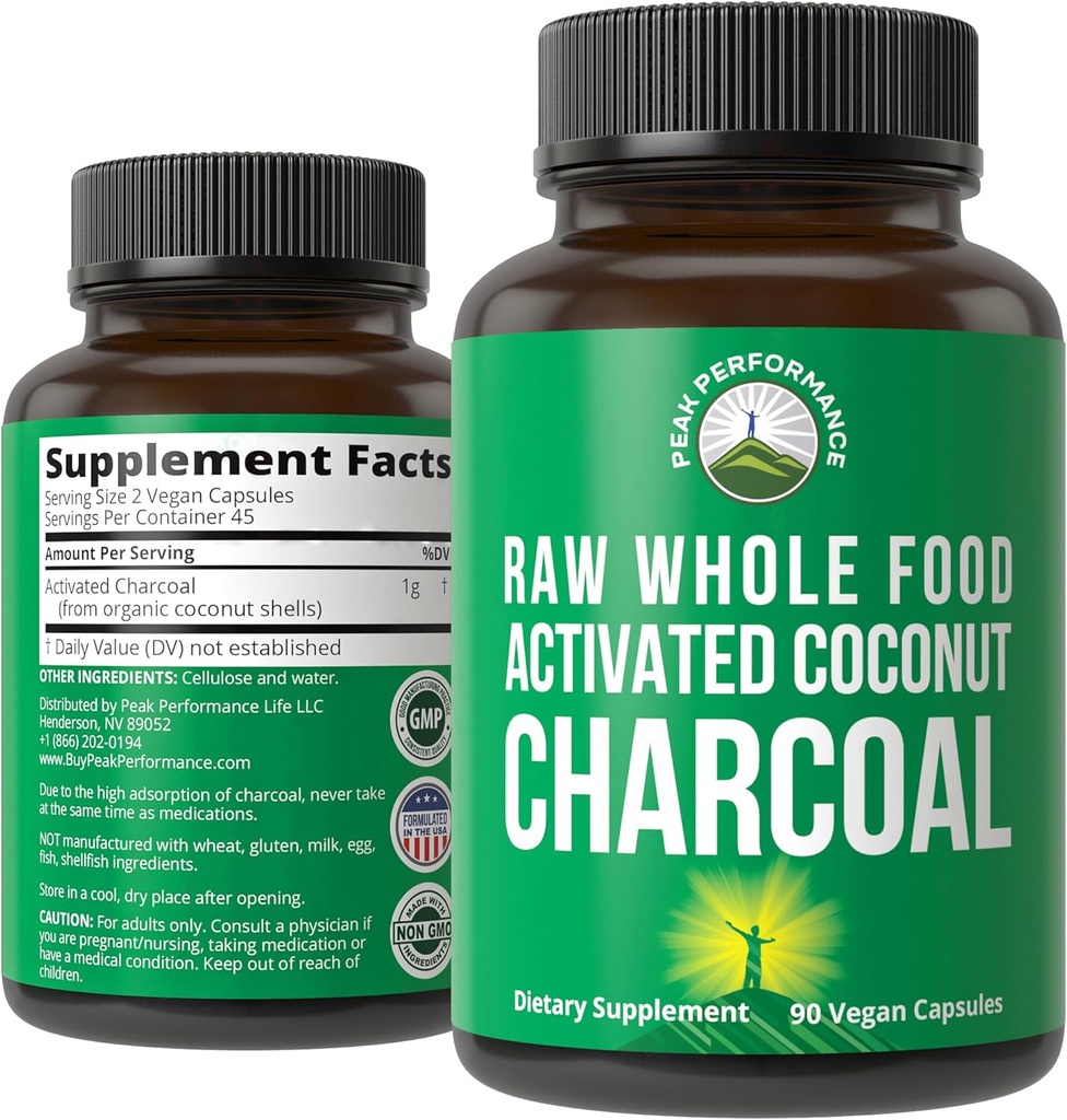 峰性能激活了来自野生收获椰子壳的炭藻(Charcoal Vegan Capsules). 最佳安全炭药,用于除毒、减毒、布洛丁。