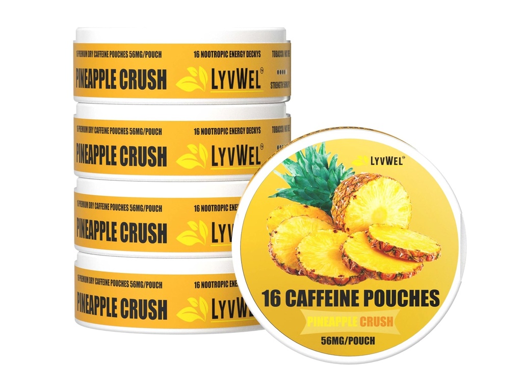 LyvWel 56mg Cafeine Energy Pouches – Pineapple – Clean Energy & Focus Booster with Guarana – 5-Pack – 16 Pouches per Can(80总邮袋) 互联网档案馆的存檔,存档日期2013-03-02.