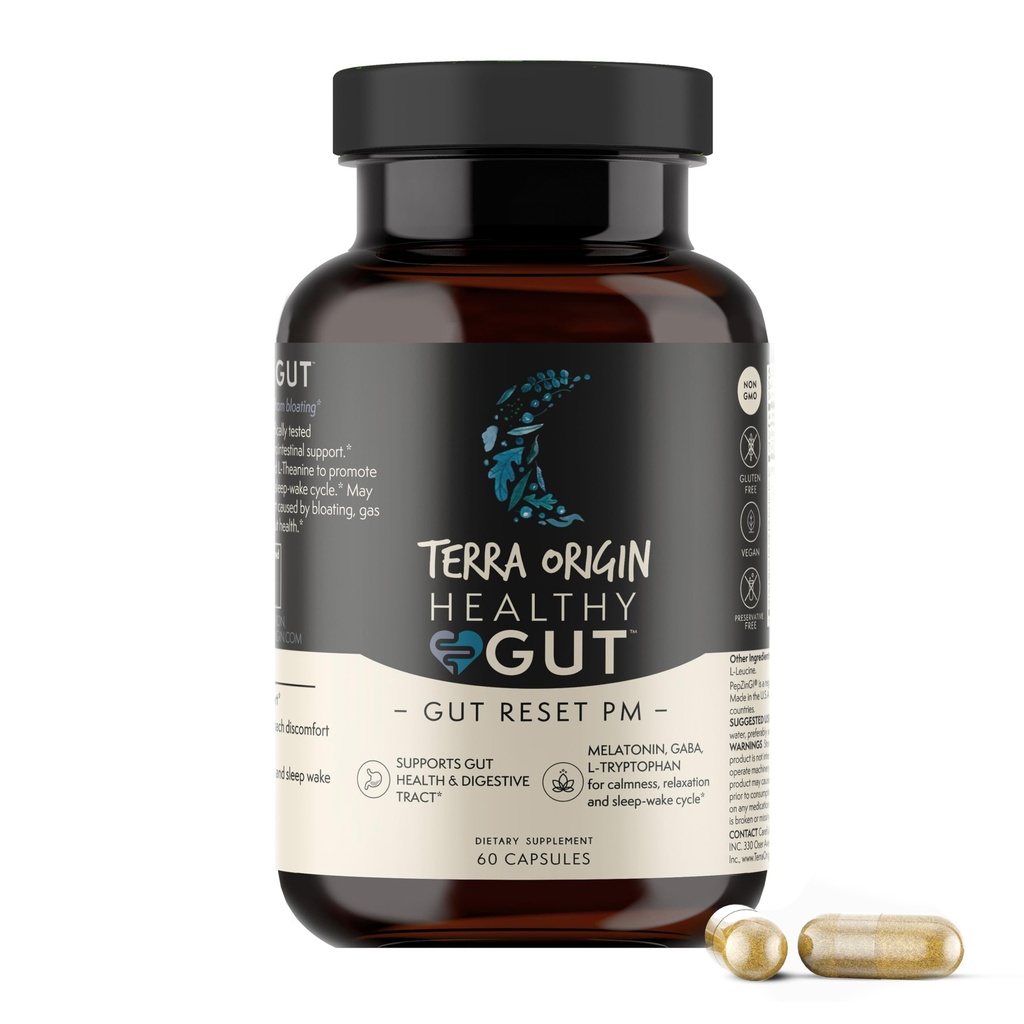 TERRA 原创健康胶囊重置 PM QQ 60 Veggie Capsulles QQ 睡眠和醒醒循环自然睡眠援助补充 QQ GABA, L-Tryptophan, Melatonin, L-Glutamine, Licorice Root, Slippery Elm Root