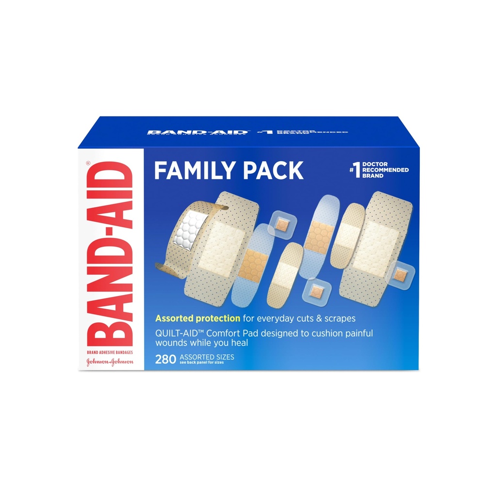 Band-Aid Brand Adhesive Bandages Family Variety Pack, Sheer & Clear Flench Deterile 个人包装的Bandages 为小刀和小刀提供急救护理,各种尺寸,280厘米