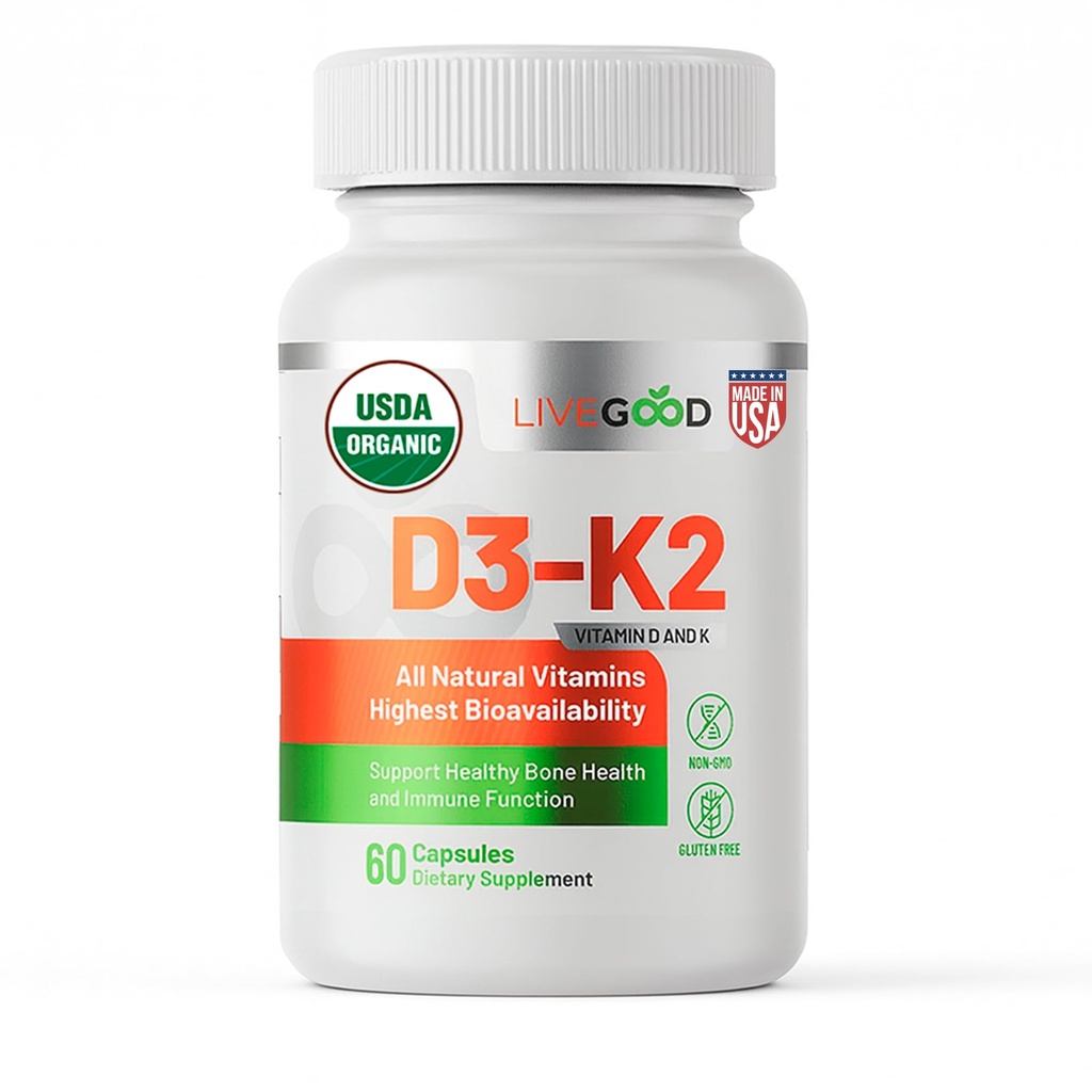 LIVEGOD 有机D3 K2 Supplement 2000 IU, Vegan Capsules with MK-7,纯维生素D3 with K2 for Imune,以及美国有机D3 K2公式制造的骨支持(60个计数)