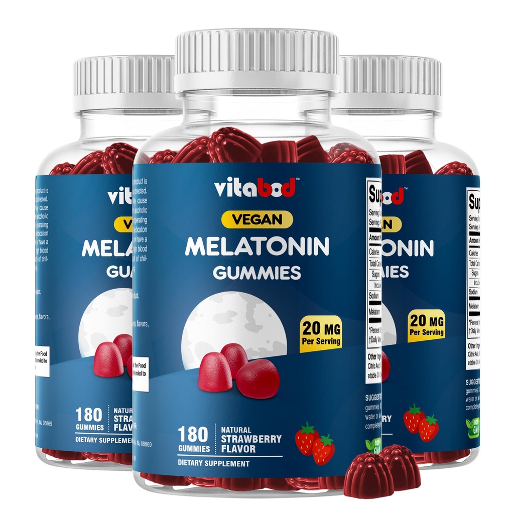 Melatonin 20mg Gummys - 180 counts - 药物无毒 - 天然草莓 Flavor - 蔬菜,非GMO,Gluten Free (3瓶)