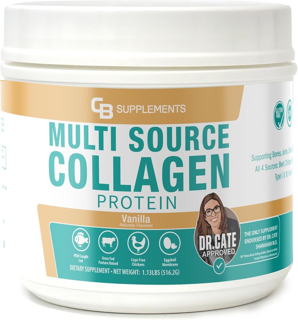 CB 补充多Collagen蛋白 – 联合、皮肤、古特、头发和钉子健康用水解Collagen – Vanilla Flawared Powder 配有I型、II型、III型、V型和X型 – Grass-Fed & Clean – 58 服务