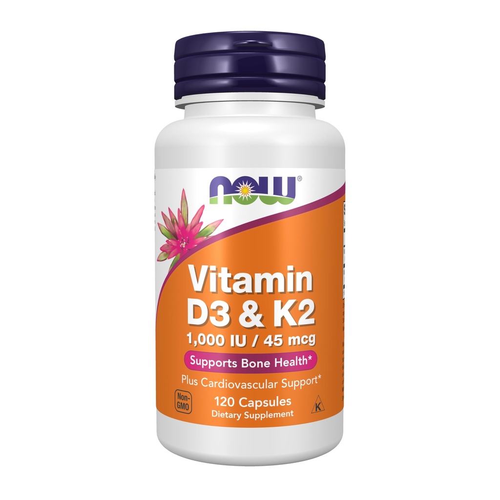 NOW 补充维生素D-3 & K-2,1,000 IU/45 mcg,Plus心血管支持*,支持骨质健康*,120 veg Capsules