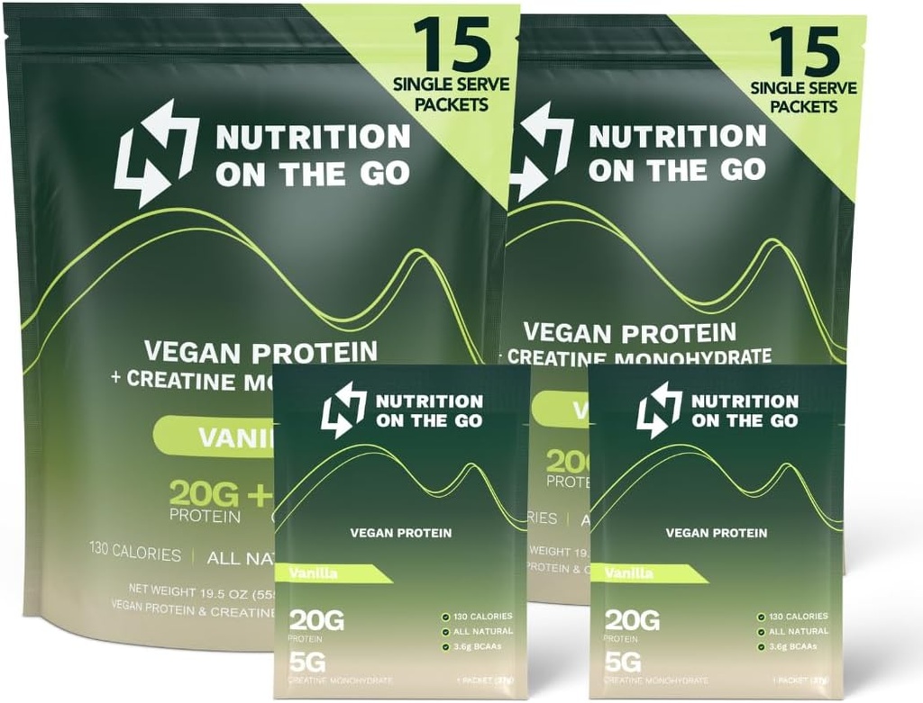 Go Vegan蛋白粉包上的营养 – 20g 植物蛋白 + 5g Creatine – 单服务 旅行 蛋白粉 – 全自然,无糖 – 香草 – (30-Pack)
