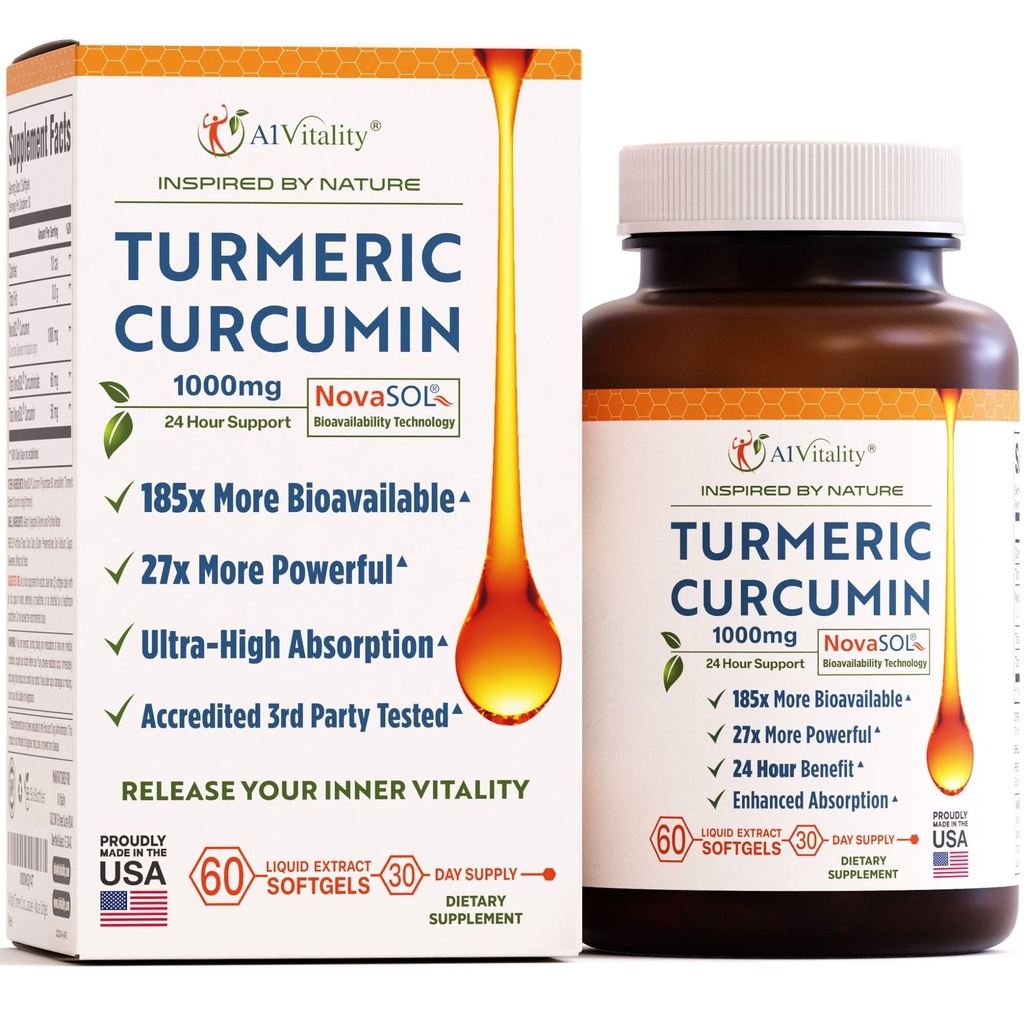 A1Vitality NovaSOL Turmeric Curcumin 1000mg – 临床证明185x高等吸收 – 促进联合舒适,流动和整体健康 – 非GMO,博士公式化,60 Softgels.