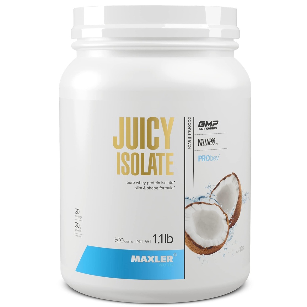 Maxler Juicy 隔离蛋白粉 - Clear Whey 隔离剂 - 低乳糖,无脂肪,无糖 肌肉恢复饮料用于前期和后期工作 - 每服90%蛋白质 - Coconut 1.1 lb (20 services)