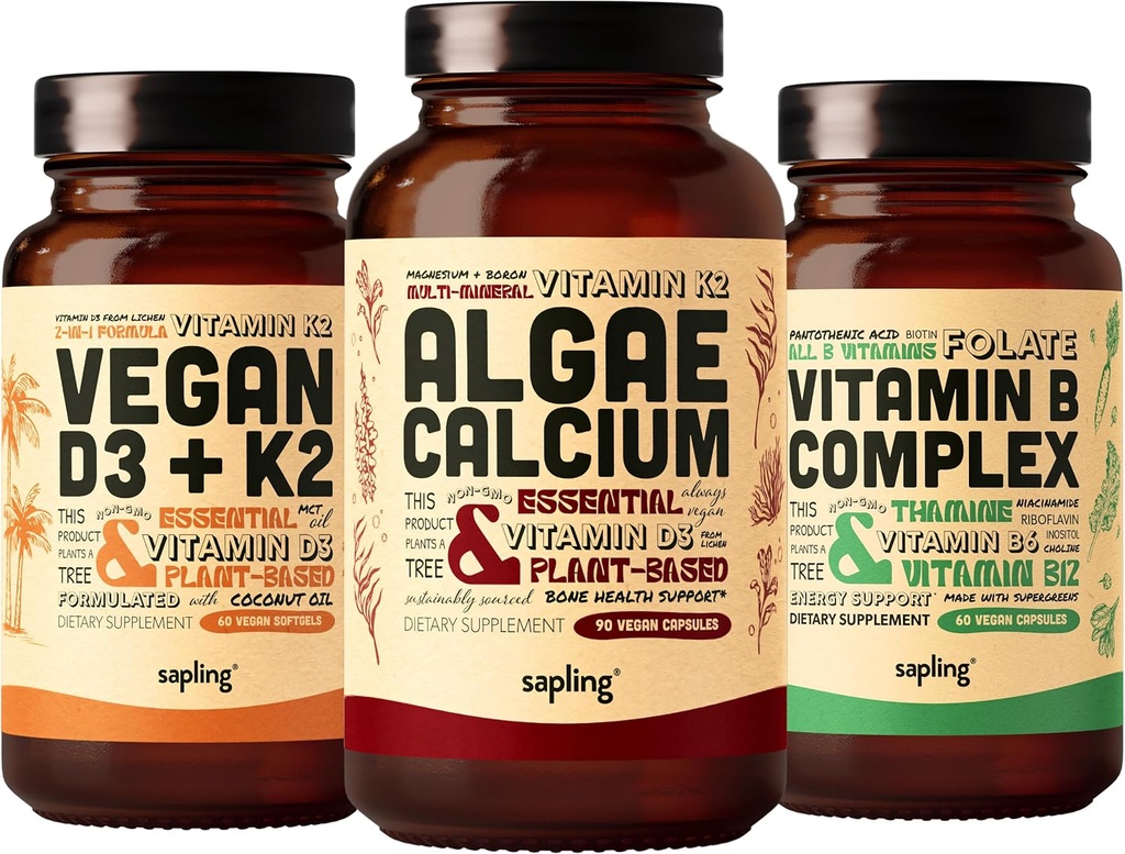 藻类钙 & Vegan D3 + K2 & Vitamin B Complex Bundle - 来自红藻的钙辅料,4000 IU 维生素 D3 和 100mcg 维生素 K2, 基本 B 维生素