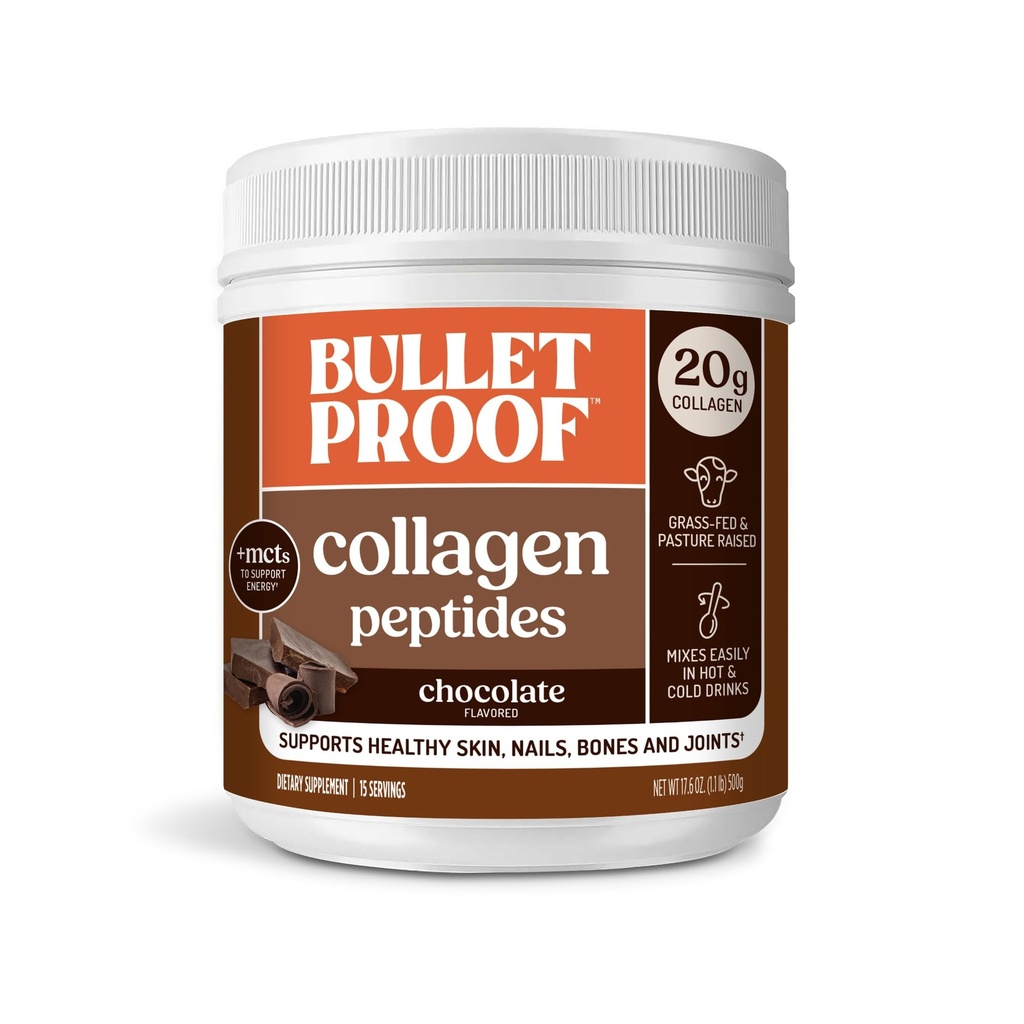 含MCT Oil的防弹巧克力Collagen蛋白粉,19g蛋白,17.6 Oz,Collagen Peptides和氨基酸用于健康皮肤,骨骼和关节,包装May Vary