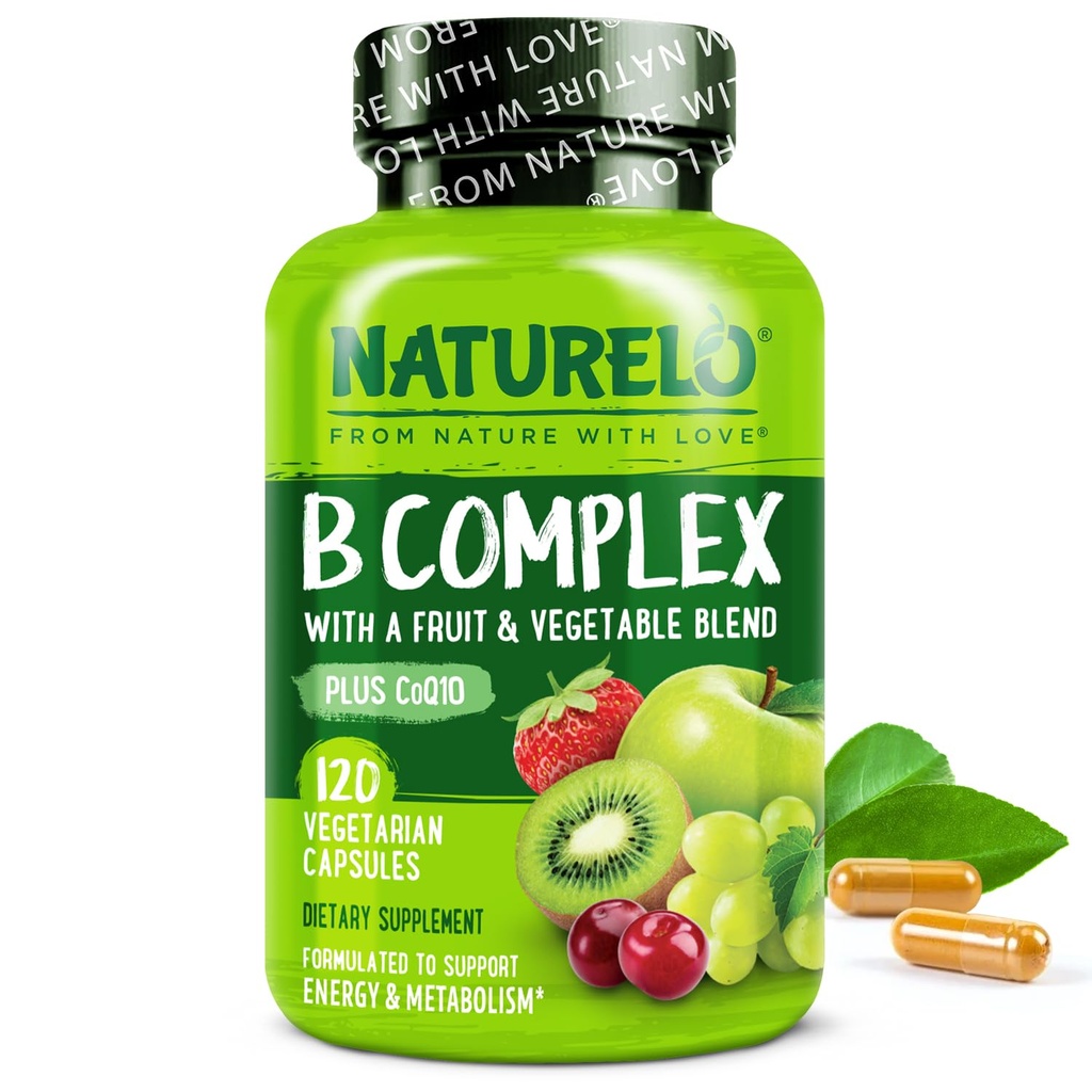 NATURELO 维生素B 配有甲基B12,甲基福拉特,维生素B6,生物素+胆碱,CoQ10,水果和蔬菜混合剂 - 支持能量和健康应激反应 - Vegan - 120 Capsules