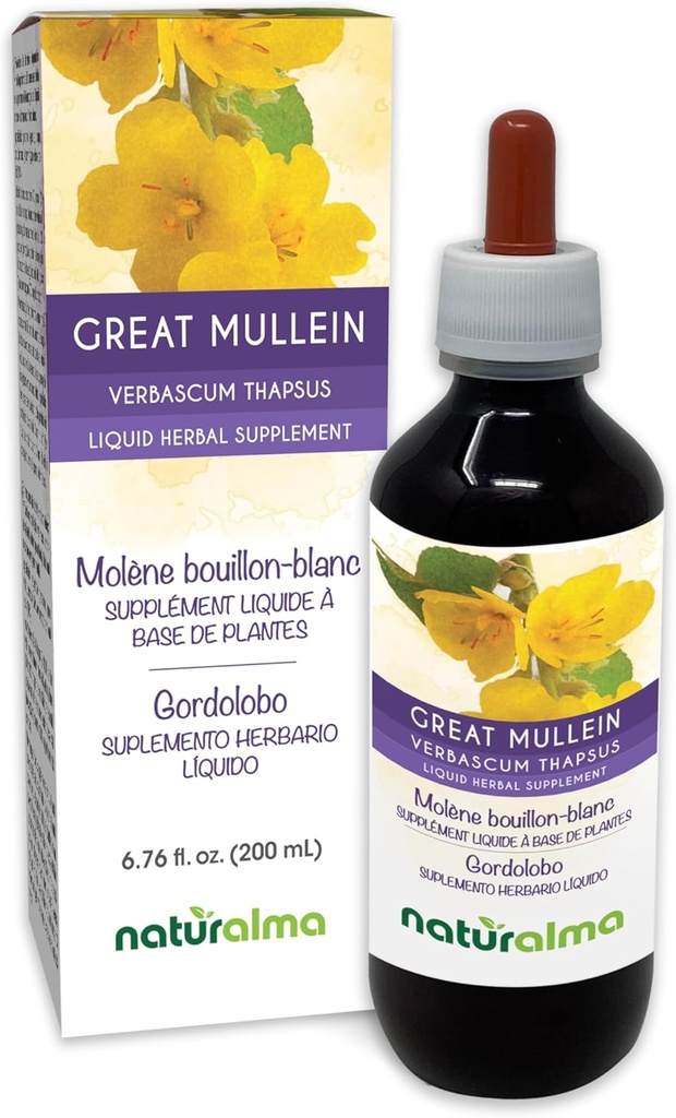 Naturmala Great Mullein 或 常见的穆莱因(Verbascum thapsus) 花卉和无叶无酒精丁香 - 6.76 fl oz 滴水液提取 - 草药补充 - Vegan