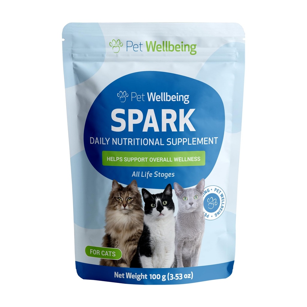Petwelling Spark Daily Natureal Greens Superfood for Cats - 抗生素,预生素,消化酶,氨基酸,抗氧化剂,维生素D,Spirulina - 兽医-配方3.53 oz(100克)