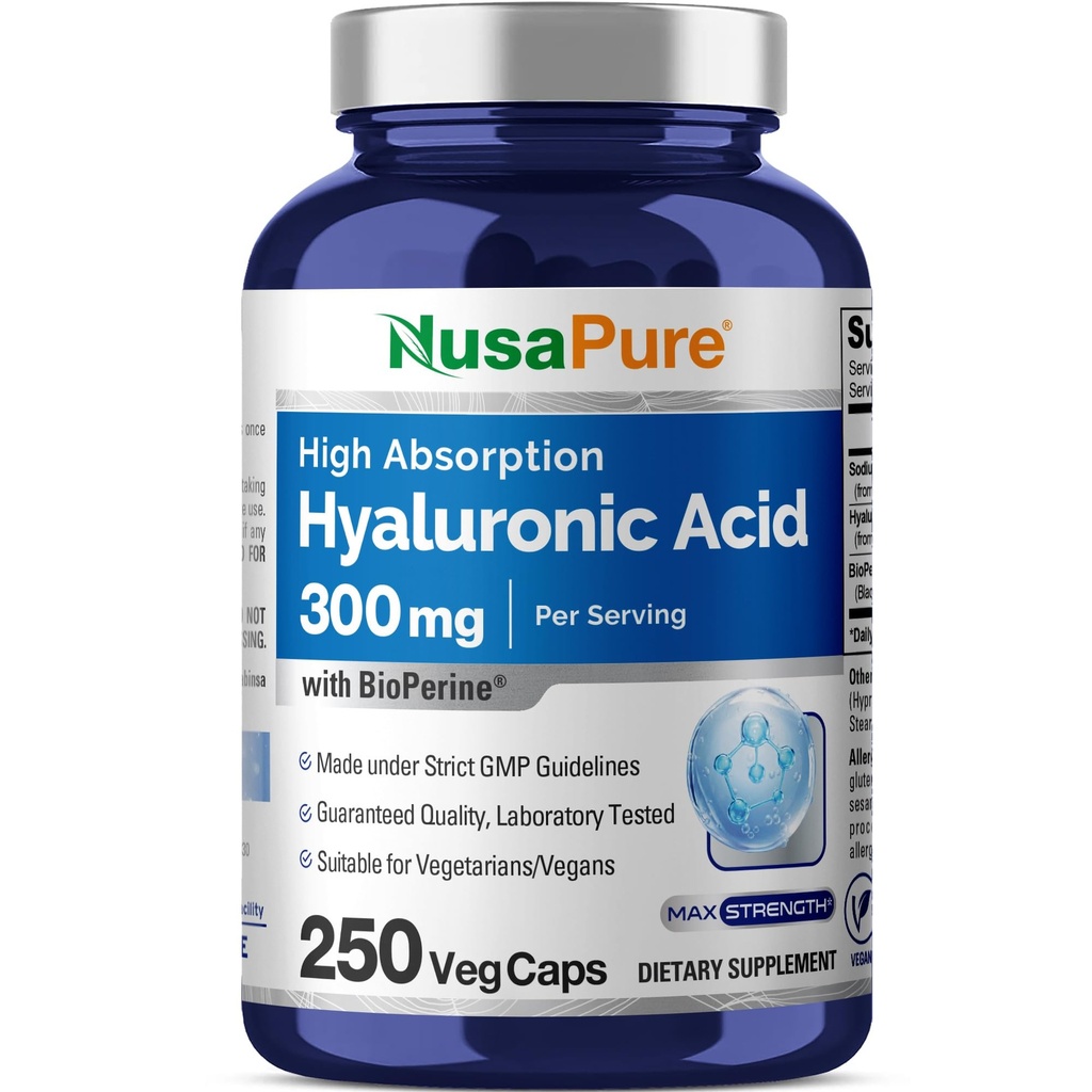 NusaPure Hyaluronic Acid 300mg 250 Veggie Capsules (非GMO, Vegan)