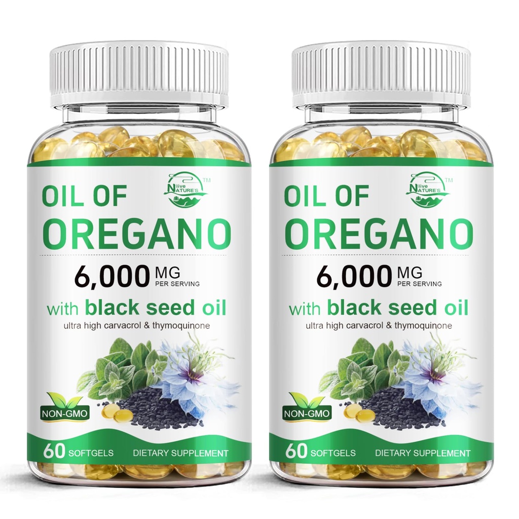 原生Oregano石油与黑籽油,Immune健康1 Oregano补充品中的2种,保留高浓度Carvacrol和Thymoquinone,非GMO,60软胶,2包