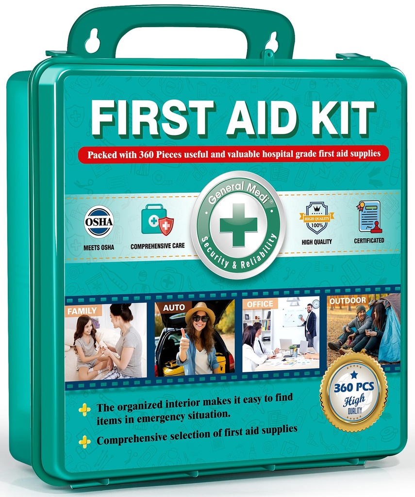 Medi 360 Pieces General Hardcase First Aid Kit -- -- 综合大型急救箱,内装用于旅行、家居、办公室、车辆、露营、工作场所和室外的优质医疗用品