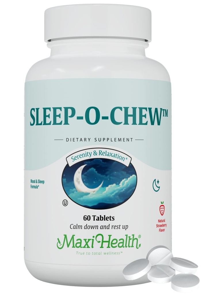 Maxi Health Sleep-O-Chew Strawberry Chewable Tables with Magnesium, Inositol, L-Tryptophan, 3mg Melatonin for Sleep Support - 成人非哈比人形成睡眠援助,科舍尔睡眠补编, 60 Counter