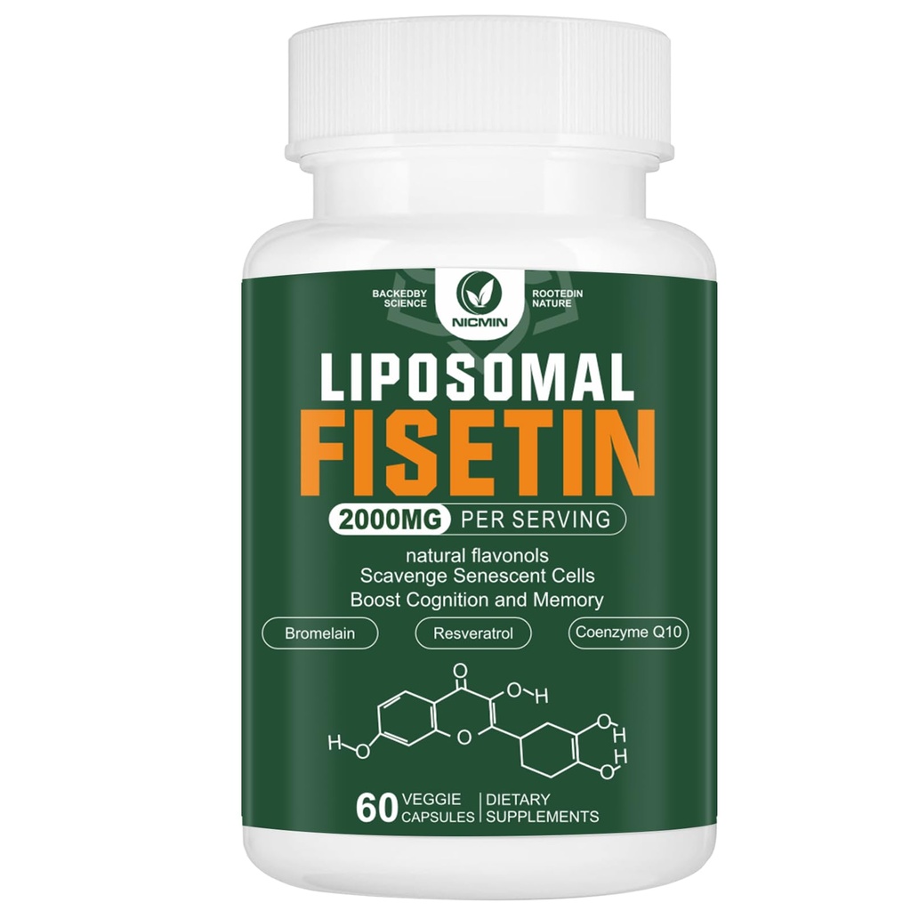 Liposomal Fisetin 补充剂,2000MG, 98%纯菲塞廷多酚抗氧化剂,有 Quercetin, TMG 和 Resveratrol,用于健康老龄化,认知支持, 60 Capsules