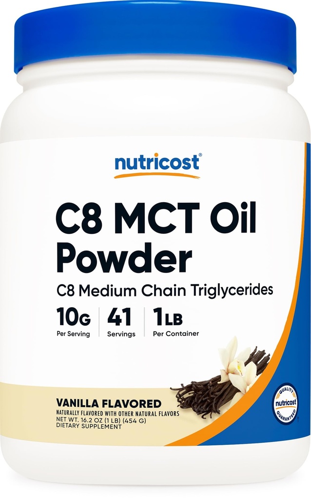 营养成本 C8 MCT 油粉 1LB(16oz) 香草香草 - 95% C8 MCT 油粉,最好用于Keto饮食,Non-GMO,Gluten Free