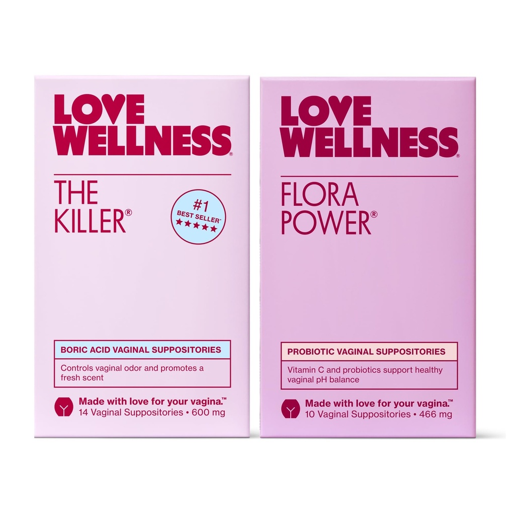 Love Wellness The Killer & Flora Power QQ Vaginal Suppository Duo with Boric Acid, Probiotics & Vitamin C C 支持pH平衡, 臭味控制与女性健康 QQ Fragranse - Free, 非GMO & Paraben 自由