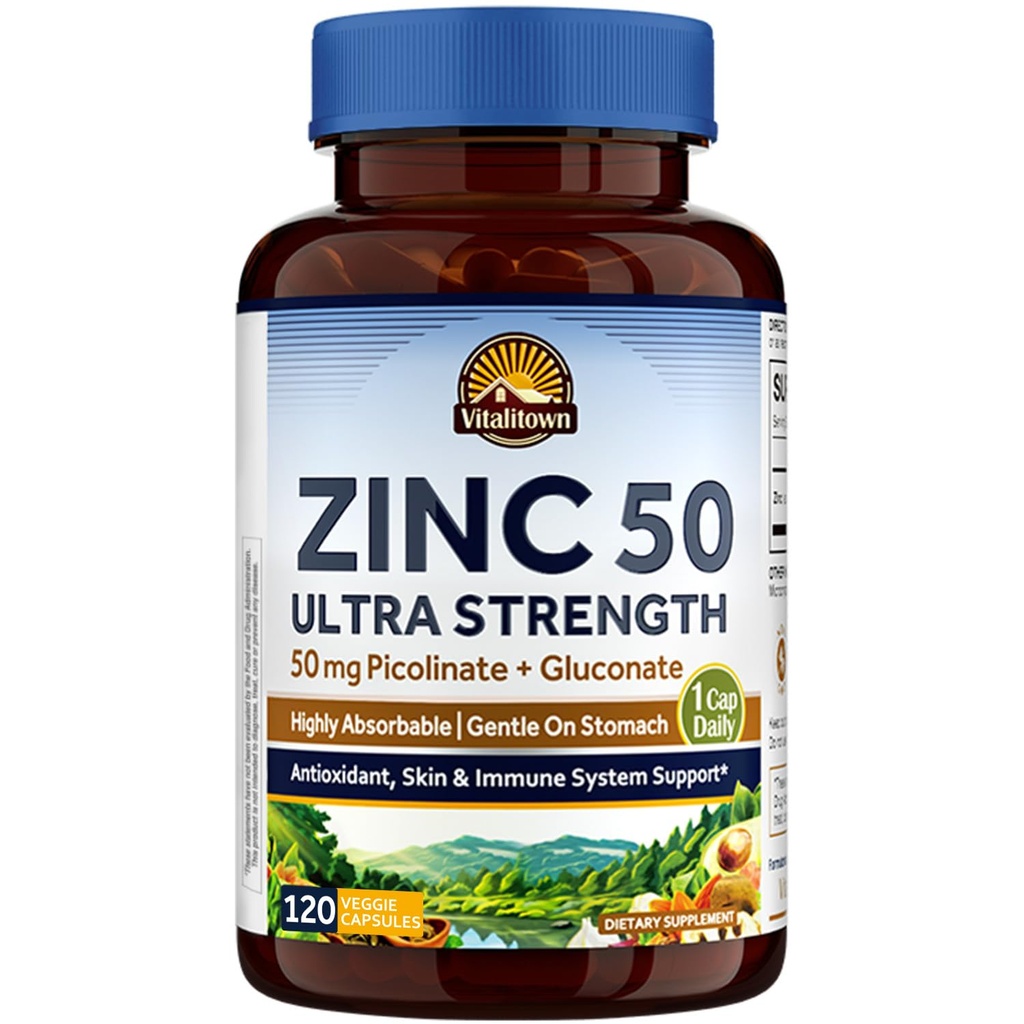 Vitalitown Chelated Zinc 50 mg, 锌皮酯和Gluconate, 120 Veggie Capsules, 井吸虫, Immune系统, 健康皮肤与发育, Vegan, 非GMO