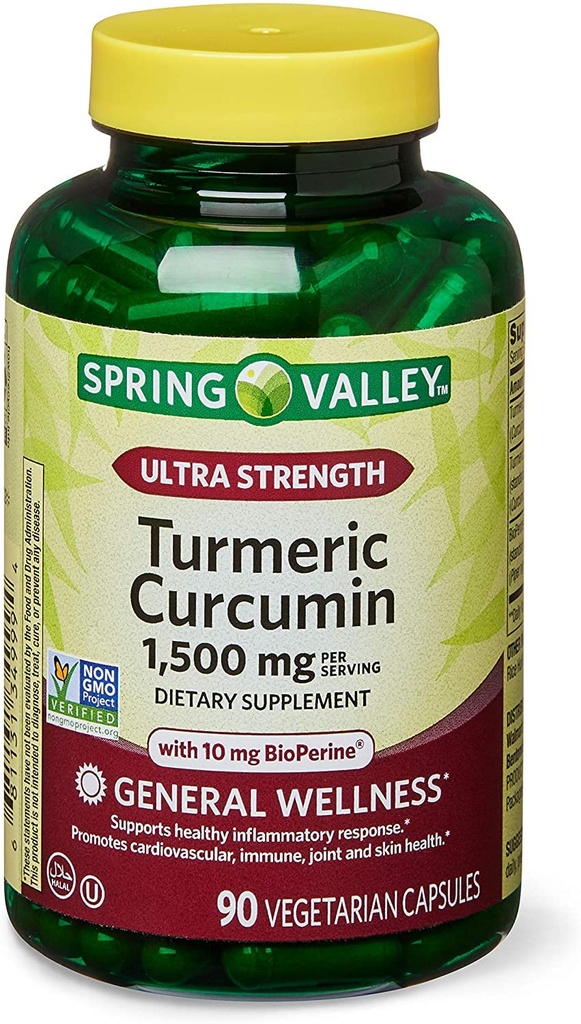 春季健康2 Set-Spring Valley Ultra-Strength Turmeric Curcumin 1500mg 90 capsules + 你的维生素指南,1.0 计数
