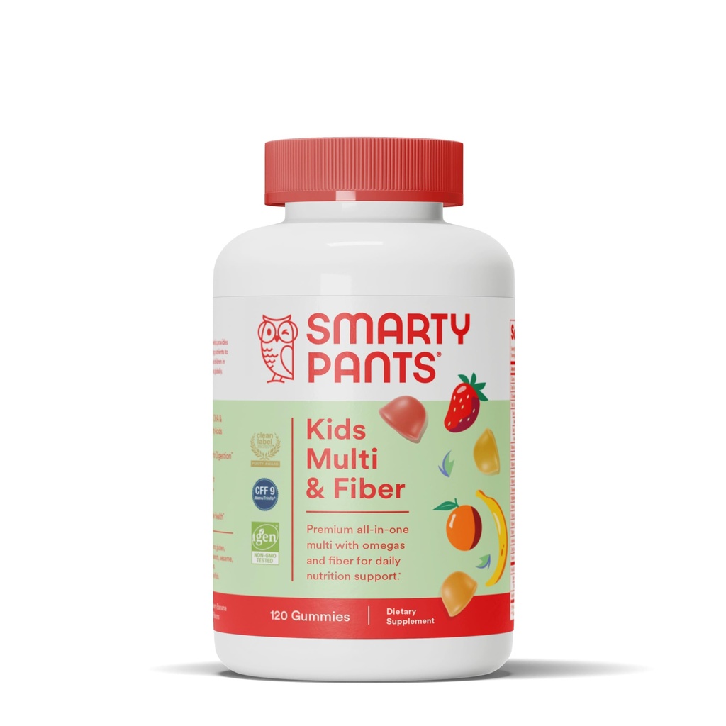 SmartyPants Kids 多维他命胶体和纤维补充剂:维生素D3,C,维生素B12,B6,A,锌,Biotin,Inositol,Fiber Gummys,三个水果火焰,120个计数(30天供应)