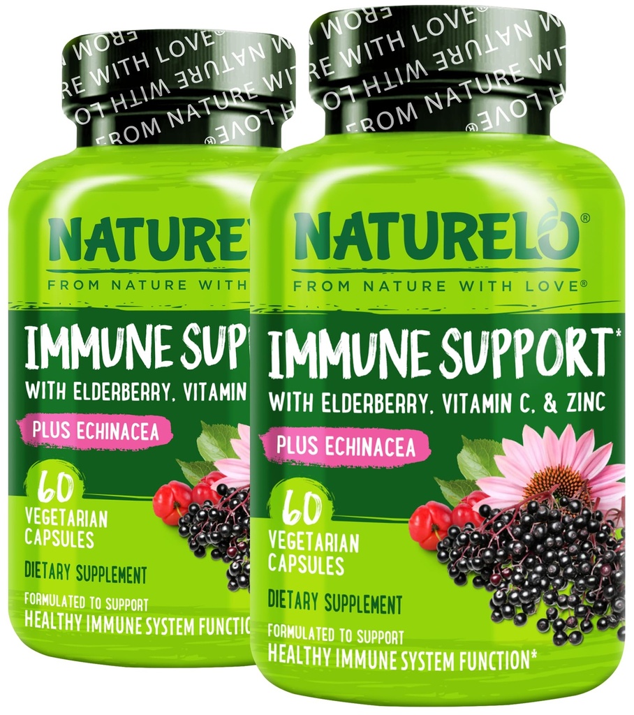 NATURELO 免疫支持 维生素C, 草莓, 锌, Echinacea 自然豁免 促动剂/抗氧化剂, 草药和矿物防御- 60 Vegan Capsules (2包)