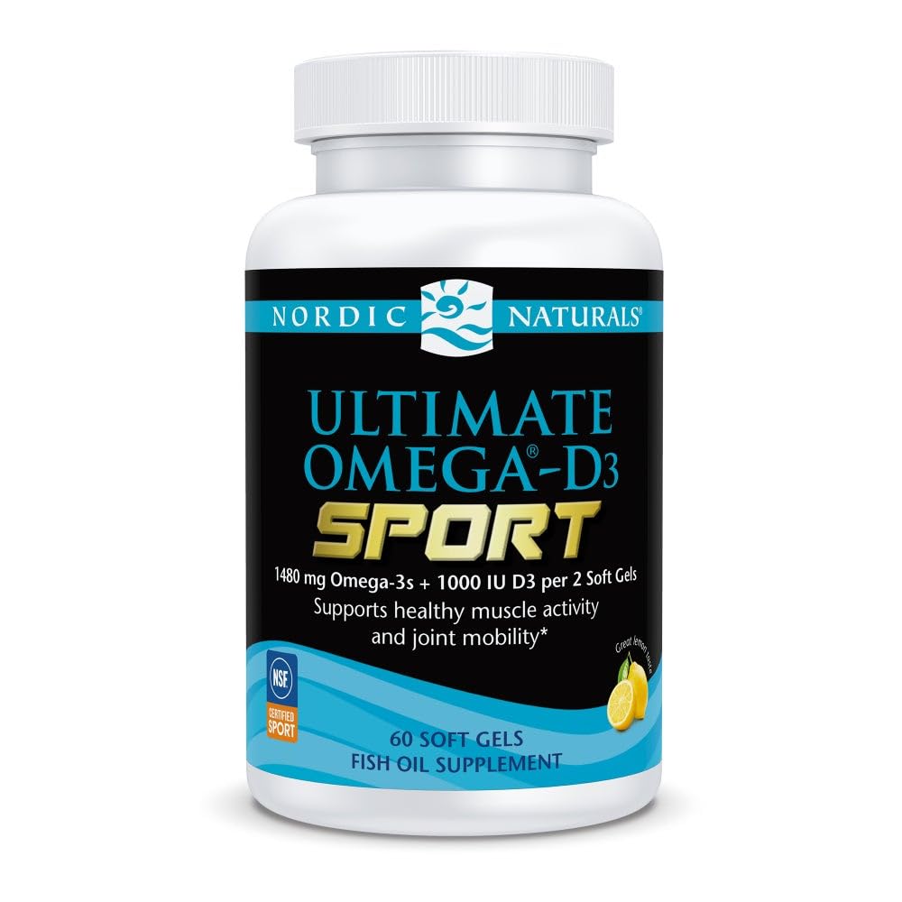 北欧自然(United Naturals Ultimate Omega-D3 Sport,柠檬 - 60 Soft Gels - 1480 mg Omega-3 + 1000 IU Vitamin D3 - NSF认证 - 支持肌肉,骨骼,焦点和耐力 - 30 services