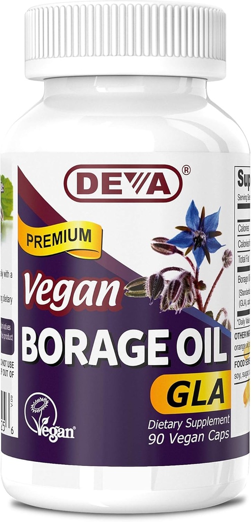 Deva Vegan 维生素, Borage Oil 500mg, Omega-6 脂肪酸GLA的丰富来源(Gamma linolenic Acid),冷前置和未加工,90片,1-Pack