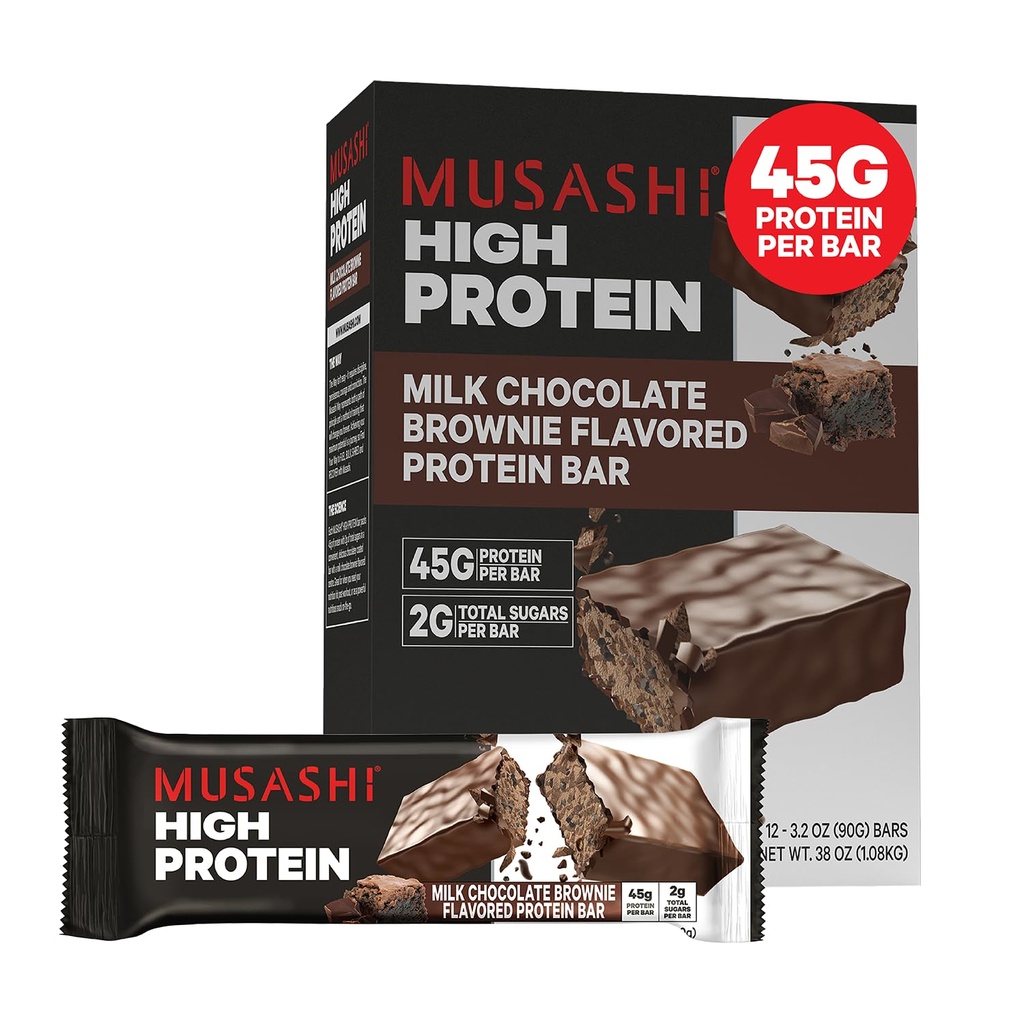 MUSASHI 高蛋白棒,45g蛋白,2g 总糖,牛奶巧克力 布朗尼,后工作 和蛋白质 Snack On The Go, 12 pack 3,2oz(90g) 巴斯