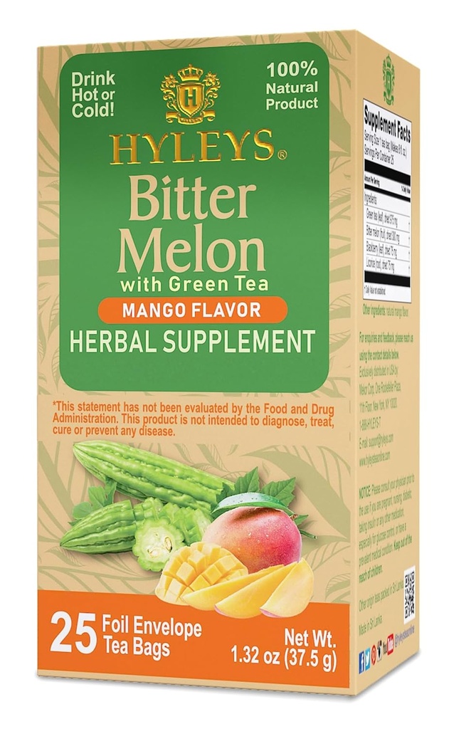 Hyleys Bitter Melon with Green Tea - Mango Flavor - 25 个茶袋 - 支持健康肝功能 - 草药补充 - (6包 - 150个茶袋总计)