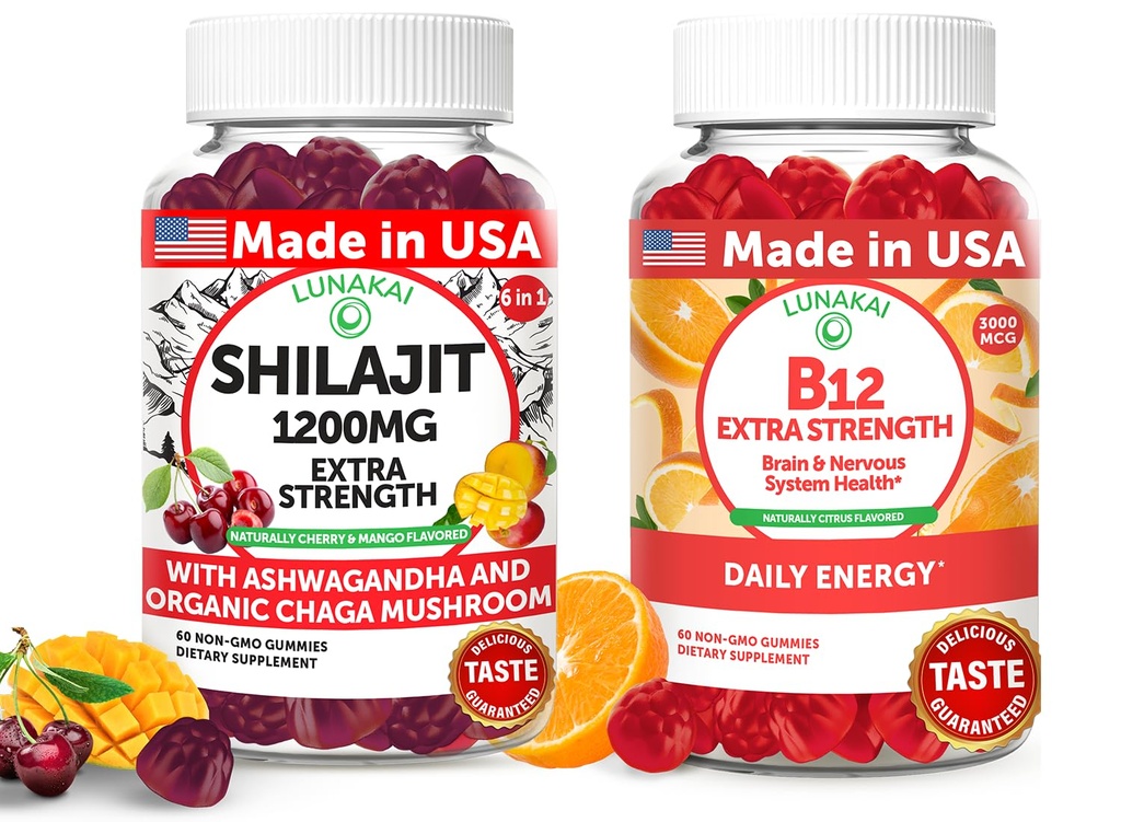 Lunakai USA 制造了 Shilajit & B12 外加力的 Gummys Bundle – 能源、焦点和每日健康 – Vegan & 美味