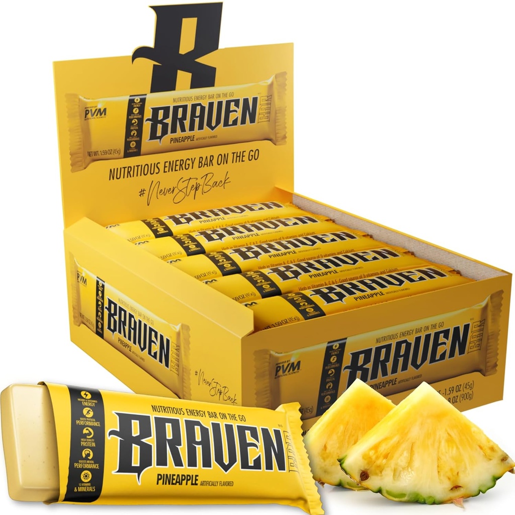 Braven Bar Pineapple Energy Bars (1.59 oz, Pack of 20) – Energy Chews with 5g 蛋白质 – On-the-Go Energy Snacks for running, Hiking, and Sports – Gluten Free Snacks for 持久能源靴