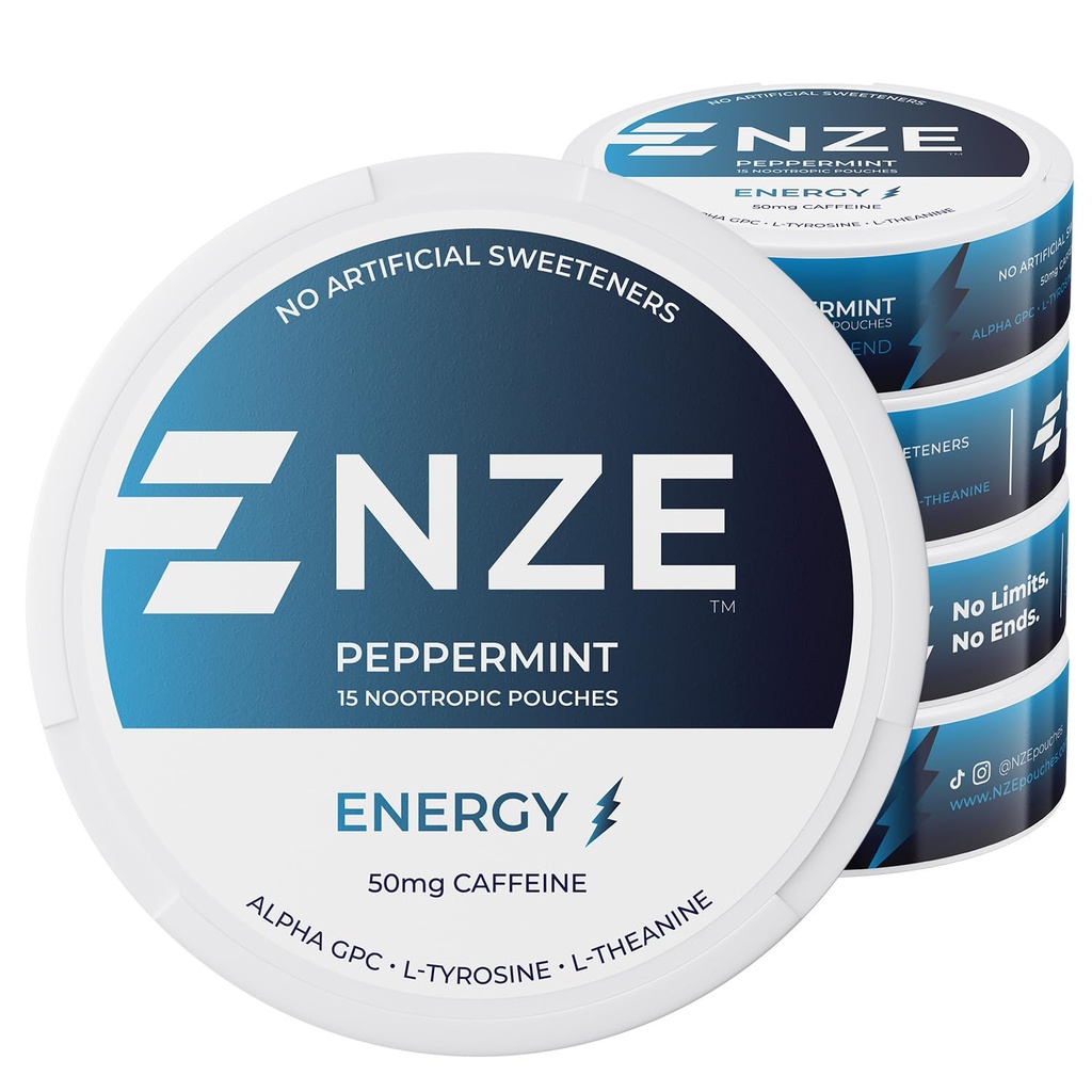 NZE Cafeine Nootropic 邮袋(Peppermint) - 配有50mg Cafeine的能源邮袋,Alpha GPC,L-Tyrosine & L-Thenine 配有无糖或人工甜甜品 - 15 Nicotine Free Pouches Per Can - 5 Pack