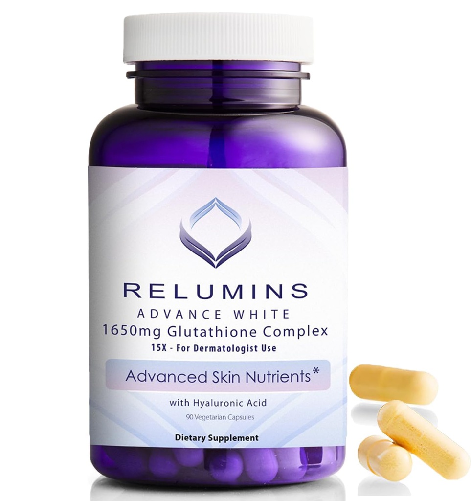 Relumins Glutathione 补充剂 - 1650mg 递减 Glutathione 复合剂 配有 Alpha Lipoic Acid, Rose HIPS, Riboflavin, & Vitamin E, 在美国制造 - 90 Veggie Capsules x 1瓶 - 专有混合物