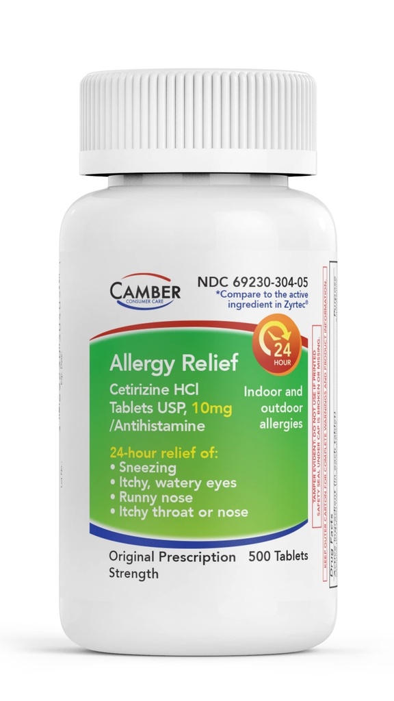 CAMBER PHAMACEUTICALS, INC Cetirizine HCI 10mg 平板电脑,24小时过敏治疗,过敏药剂 - 500个
