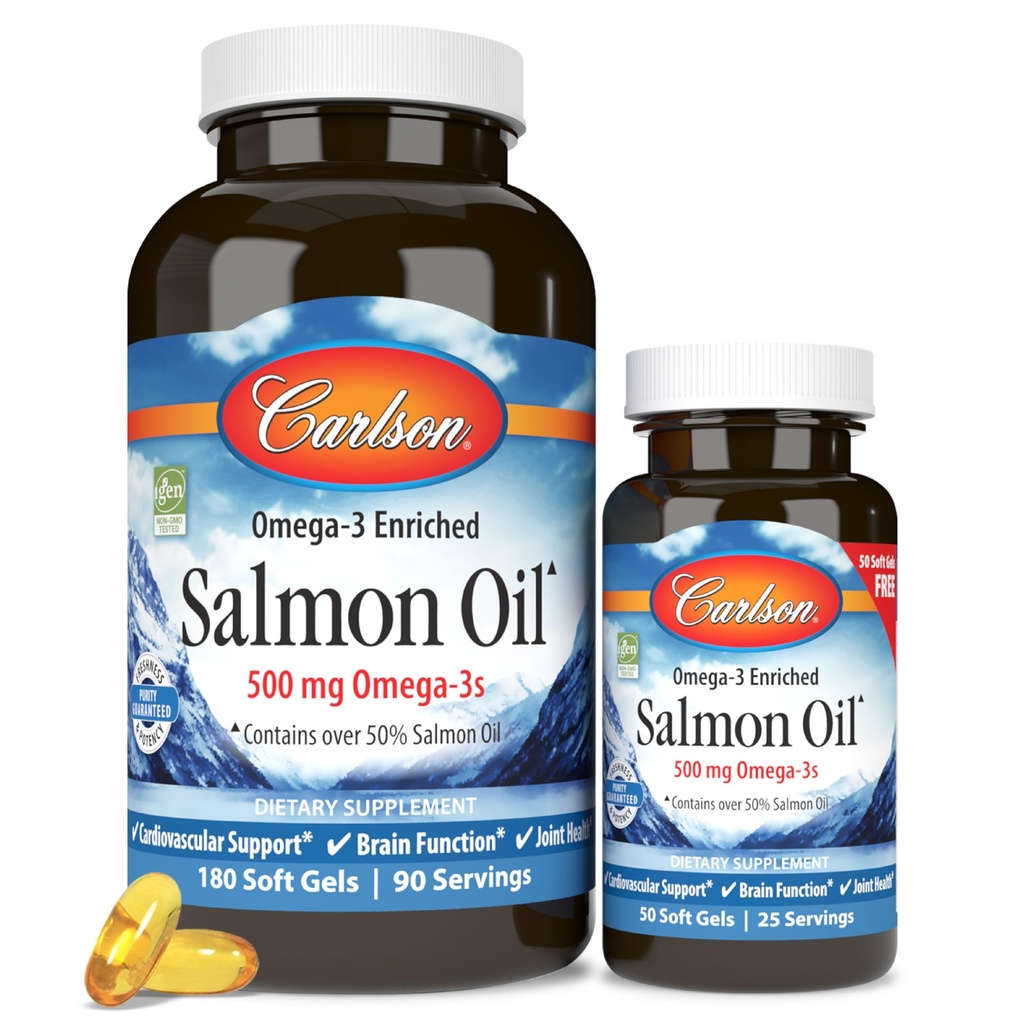Carlson - 挪威沙门石油,500 mg Omega-3s,挪威沙门石油补充剂,Wild Caught Omega 3 沙门油盖,可持续来源,脑,心和联合健康,180+50软胶