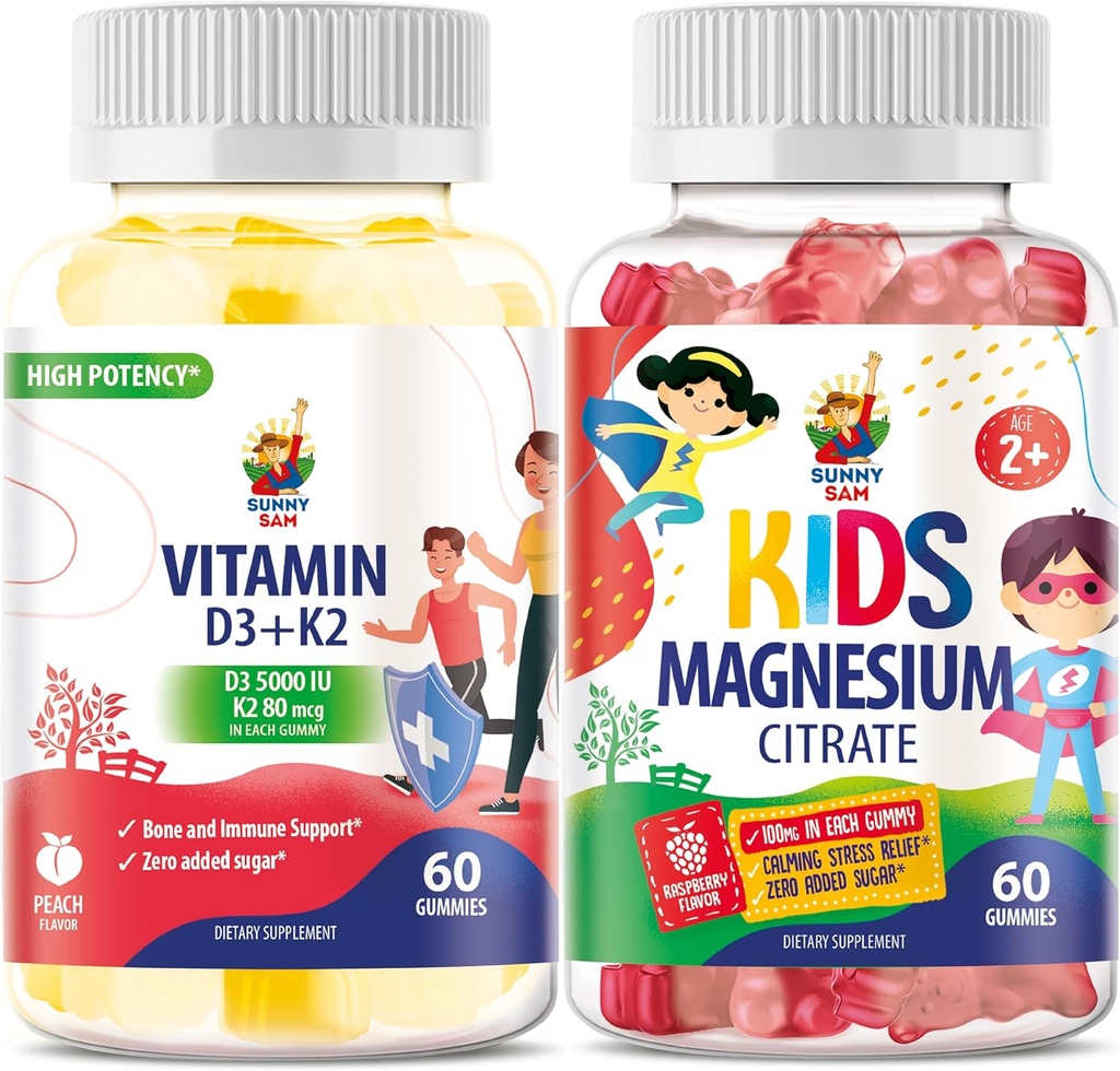 SUNNY SAM 维生素 D3 K2 Gummys 5000 IU & Magnesium Gummys for Kids 引用 Mood & Muscle 支持的可食用食品补充剂