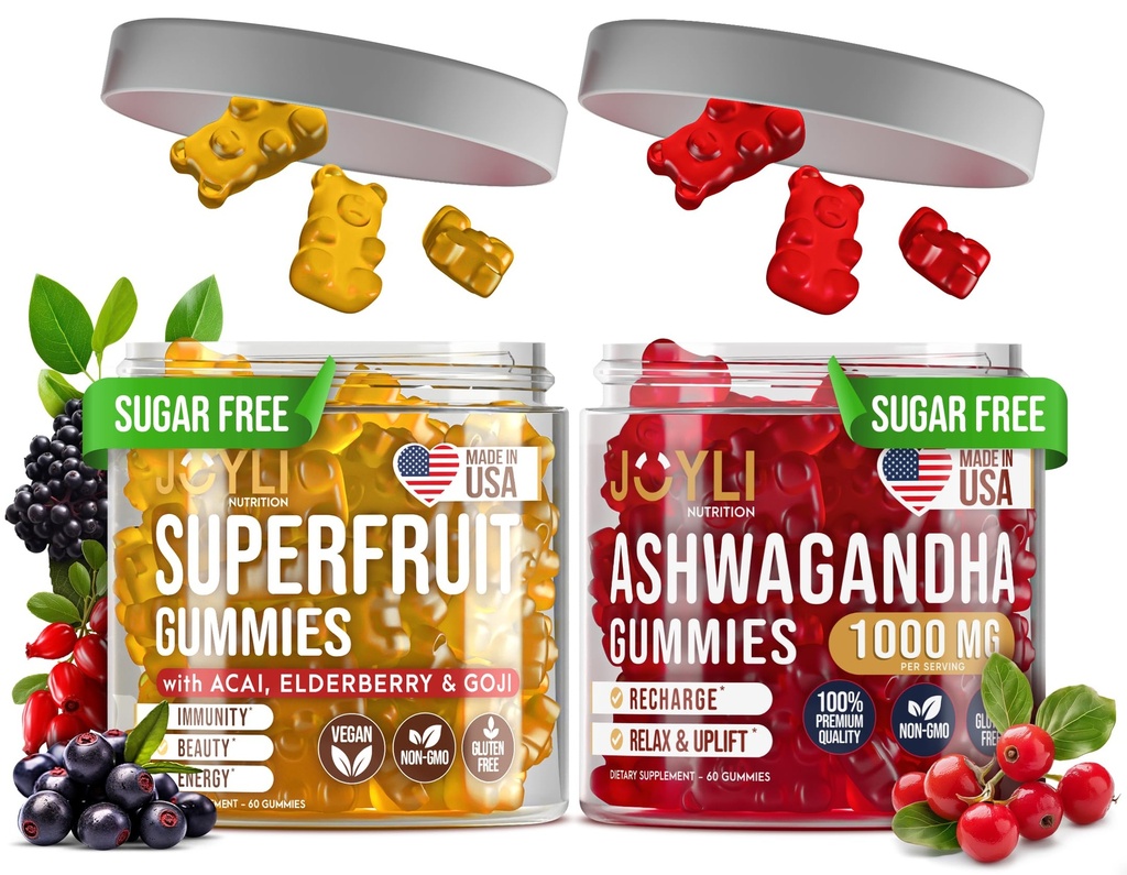 Joyli Ashwagandha & Superfecut Gummys Bundle – Mind & Body 平衡+每日健康支持 – Vegan 多维他命公式与Goji, 长老莓, 维生素C, D & Zinc – 2 Pack 成人