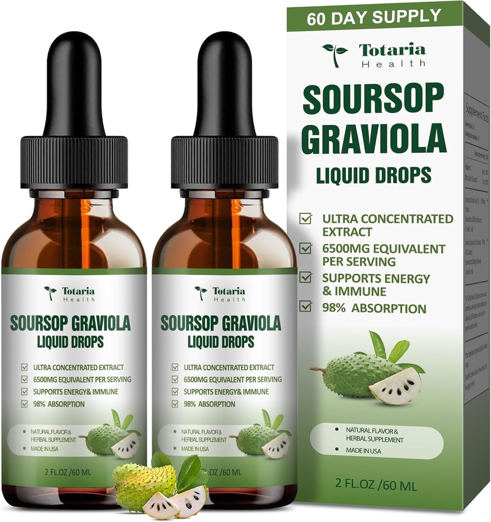 (2包)纯Soursop Graviola液滴支持消化皮肤健康,睡眠和抗氧化剂 - Guanabana Oil Organic Organic Leaf Exact Soursop Bitters 液滴,天然火焰,非GMO,Vegan, 4 Fl Oz