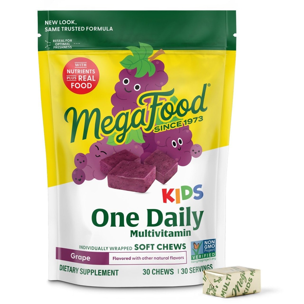 巨型食品儿童 One Daily Multivitamin Soft Chews - 儿童维生素B,维生素C,维生素D和维生素E - 4岁+,蔬菜,没有9个食品过敏剂生产 - 葡萄火焰 - 30 Chews