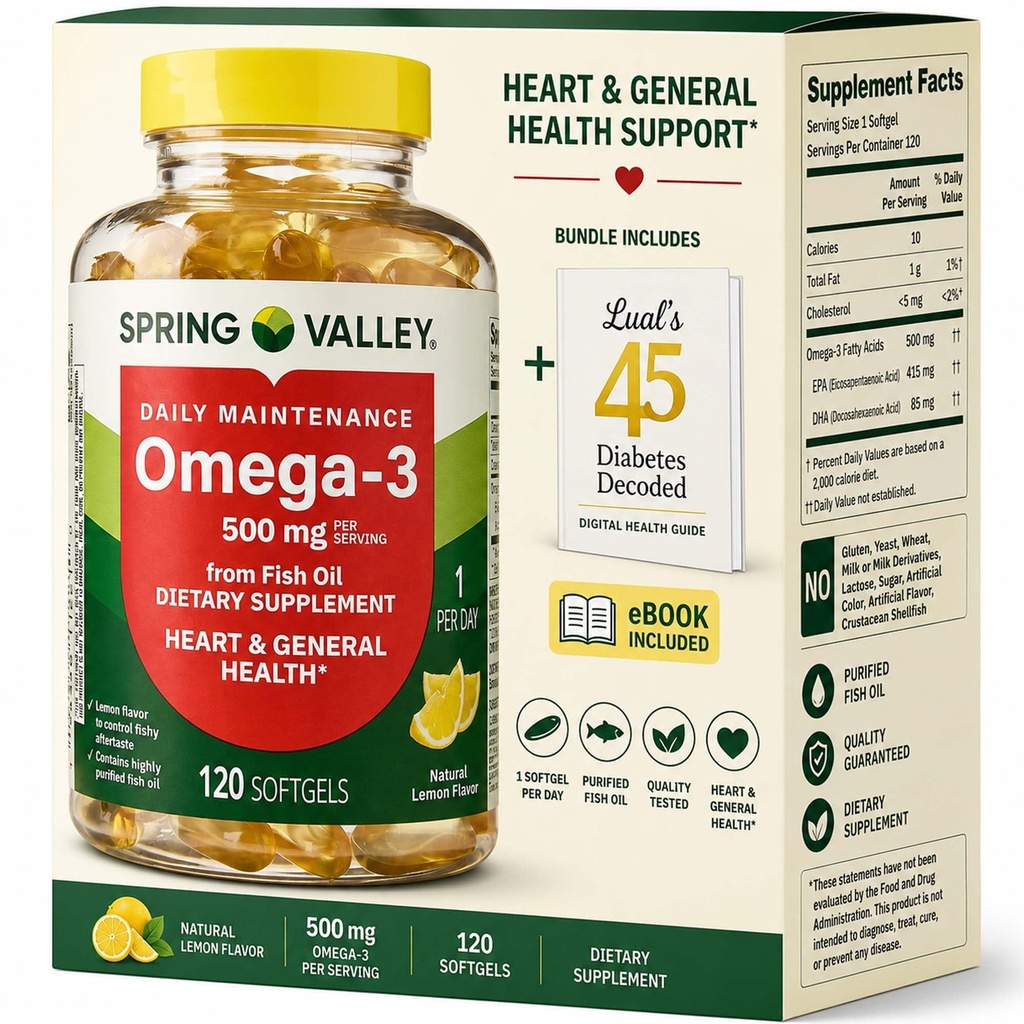 春季谷Omega-3 来自鱼油500 mg 120 Counter, SoftGels, General & Heart Health Edical Bundle 配Luall的45个糖尿病解码器