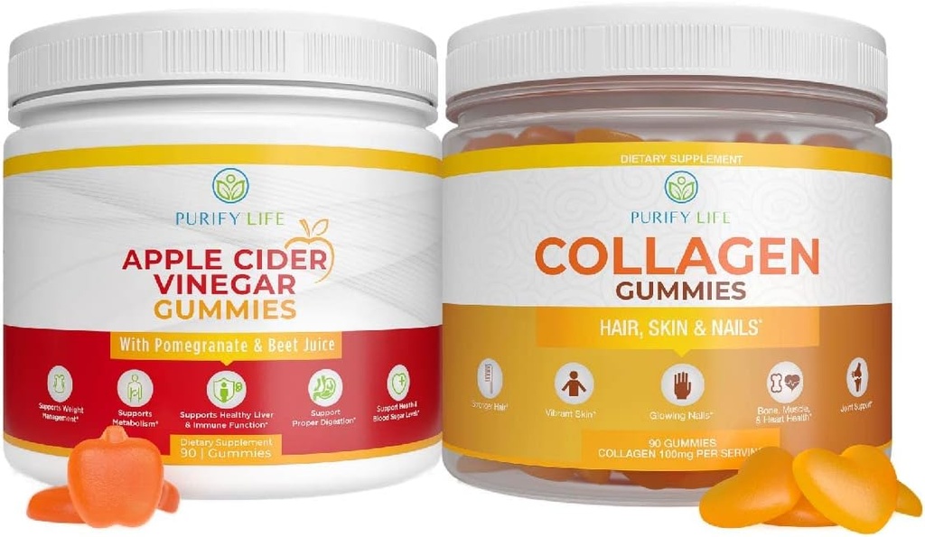 Apple Cider Vinegar & Collagen Bundle, 女性发型生长的Gummys, 健康型皮肤 & Nails (90 Gummys) 联合护理维生素, 免疫支持, 解毒,代谢, 男性女性酸