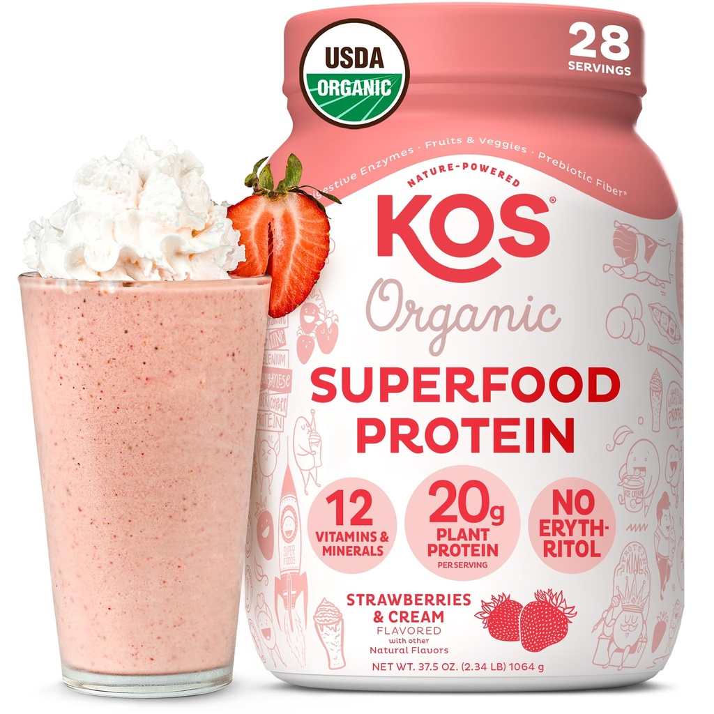 KOS Vegan蛋白粉、草莓和奶油 USDA 有机 - 低碳皮蛋白混合剂、以植物为基础的含有维生素和矿物的超级食品、葡萄糖免费 - 女性和男性的替代食品 - 28种服务