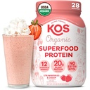 KOS Vegan蛋白粉、草莓和奶油 USDA 有机 - 低碳皮蛋白混合剂、以植物为基础的含有维生素和矿物的超级食品、葡萄糖免费 - 女性和男性的替代食品 - 28种服务