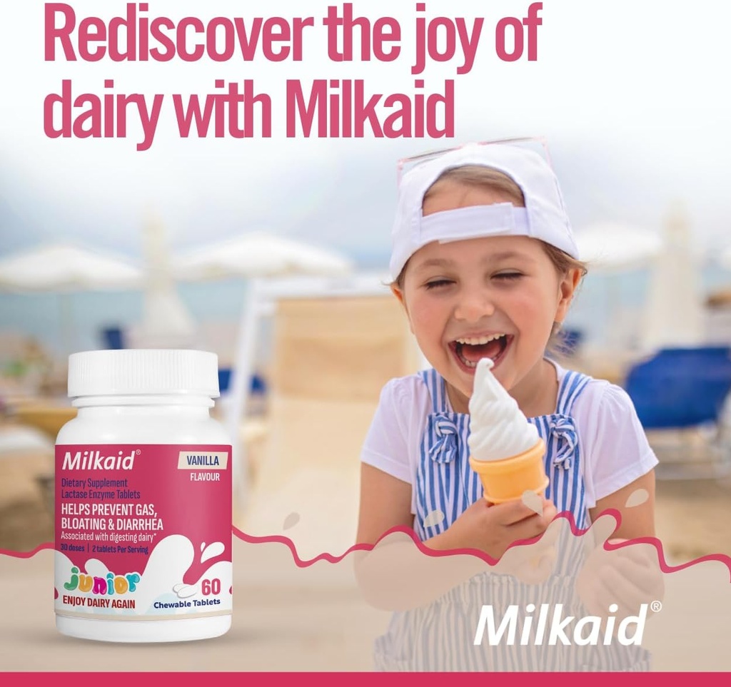 Milkaid Junior Flavor Pack – 帮助预防毒气, bloating, 儿童腹泻 – 儿童快速代理乳制品 – 180块餐具