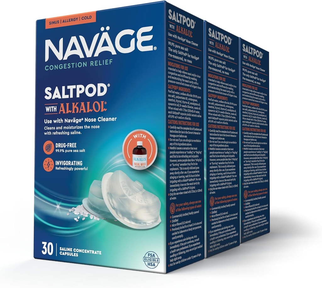 Navalage SaltPod w/ Alkalol(3个30-Packs) - 专为Navalage Nasal Rinse设计 - Sinus Rinse Alkalol Pods for Fast Relief (90 SaltPod Refulls) (英语).