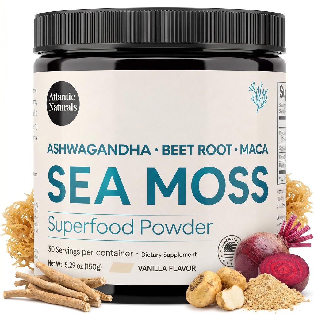 大西洋自然海 摩斯超级食品粉 与 Ashwagandha, Beet Root, 和 Maca Root - 海 摩斯粉 支持健康皮肤, 运动性能, 和 阳性 Mood - Vanilla Flavor(150g)